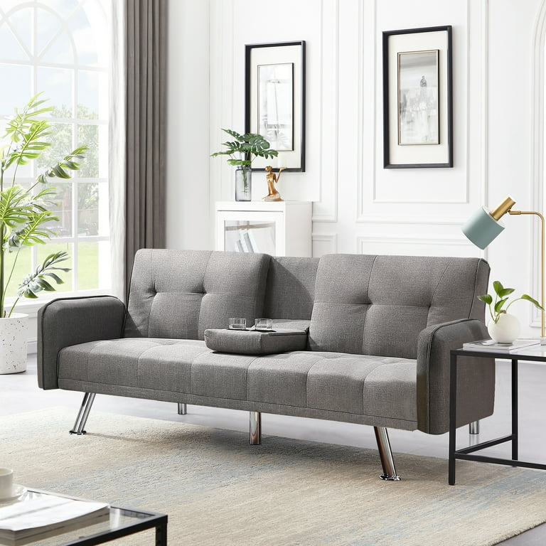 Modern Linen Upholstered Convertible Futon Sofa Bed with Cupholders Metal Legs Light Gray Walmart