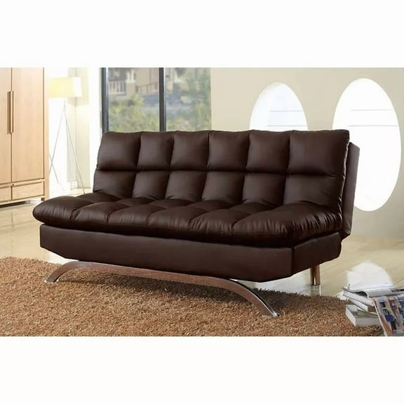 Modern Futon Sofa Bed, Soft Faux Leather Convertible Sofa Couch, Click Clack Mechanism, Chrome Metal Legs, Brown