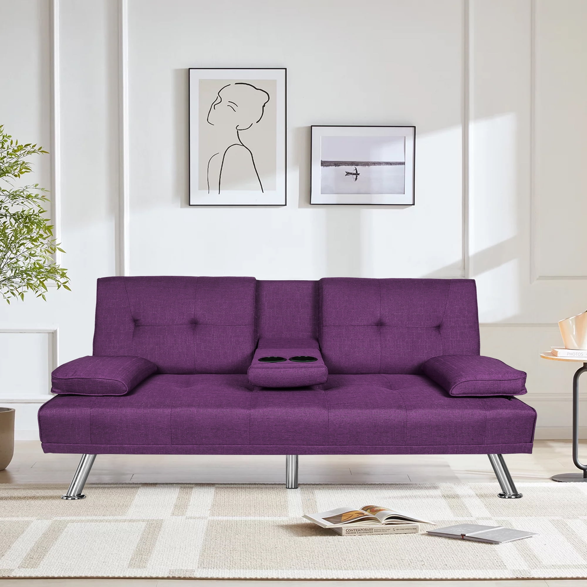 Derzers Modern Metal Convertible Futon Sofa with 2 Cupholders Purple Walmart