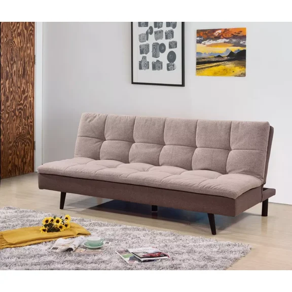 Modern Futon Sofa Couch with Metal Angled Legs, Pillow Top Grid Tufted Sofa Bed, Light Brown