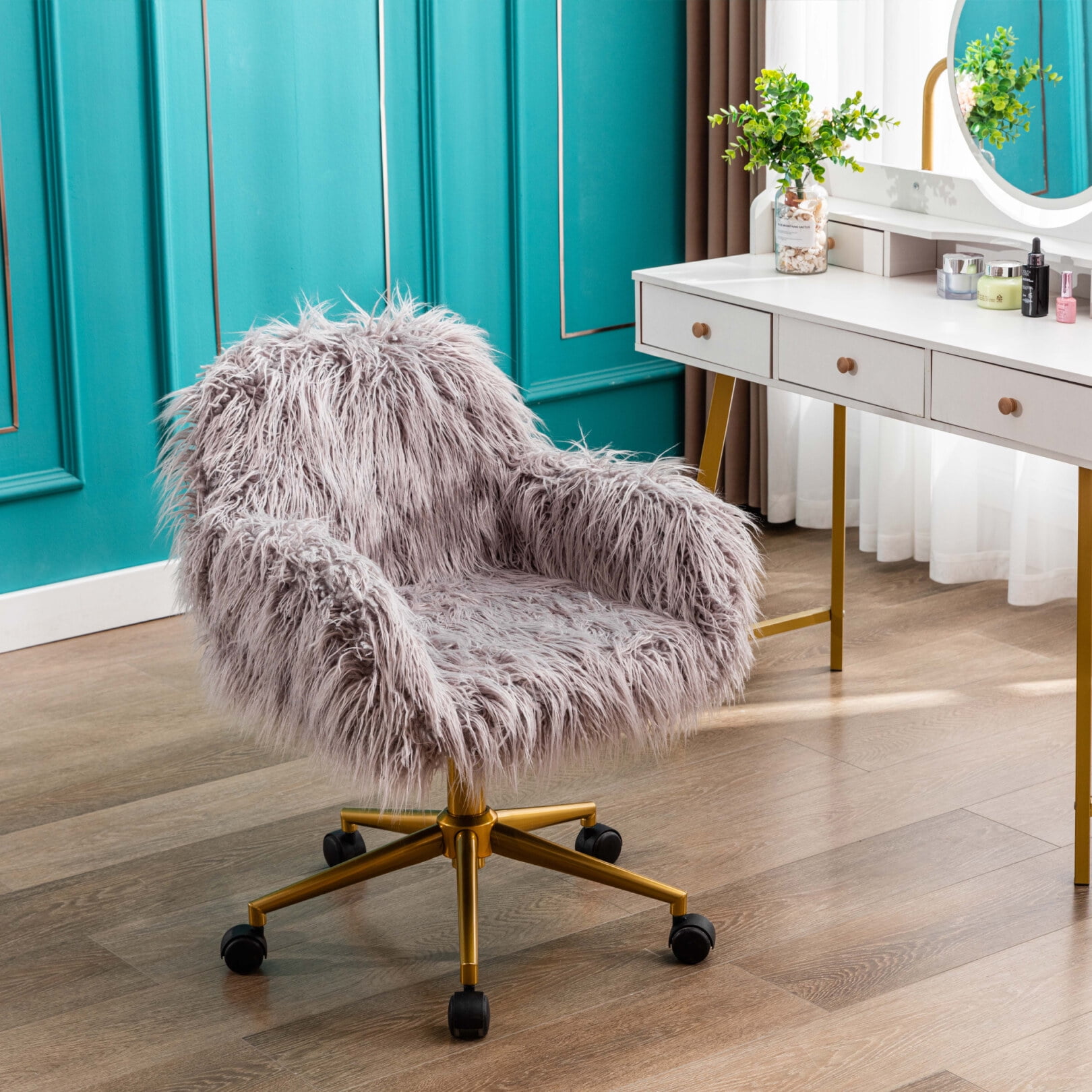 Modern Fuzzy Chair with Adjustable Seat Height Ergonomic Accent Chair with Wheels Swivel Office Chair with Gold Plating Base Grey Walmart