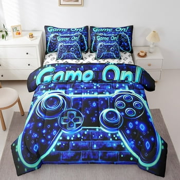 Modern Game 7 Pcs Comforter Set Twin Size Bed in a Bag, Men Gaming Bed Set,Neon Lines Gamer Video Controller Bedding Sets with Comforter,Flat,Fitted Sheet,Pillowcases,Pillow Covers