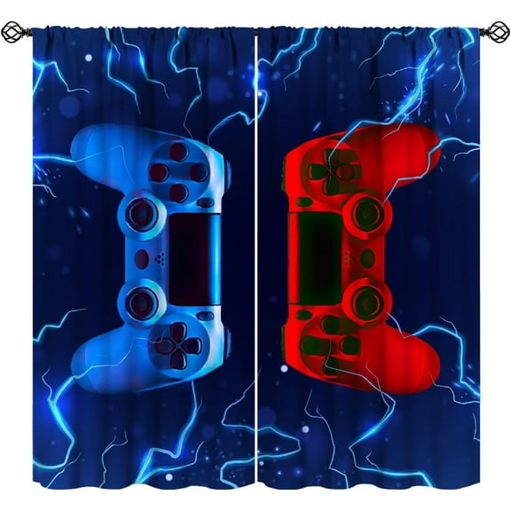 Modern Game Curtains, Abstract Video Games 3D Red Blue Lightning Gamepad Blackout Window Treatments Drapes for Kids Boys Teens Room Living Room, 84" W X 84" L