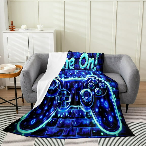 Modern Game Flannel Blanket Queen 90"x90" Warm Lightweight, Men Gaming Flannel Sherpa Blanket,Neon Lines Gamer Video Controller Fuzzy Blanket,Cool Game Teen Youth Blanket