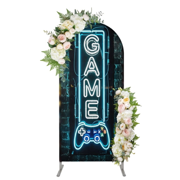 Modern Game Neon Arch Backdrop Cover 4FT, Game Zone Geometric Rustic Brick Spandex Fitted Stretchy Arch Stand Covers, Round Top Chiara Backdrop Cover for Wedding Party Birthday Baby Shower