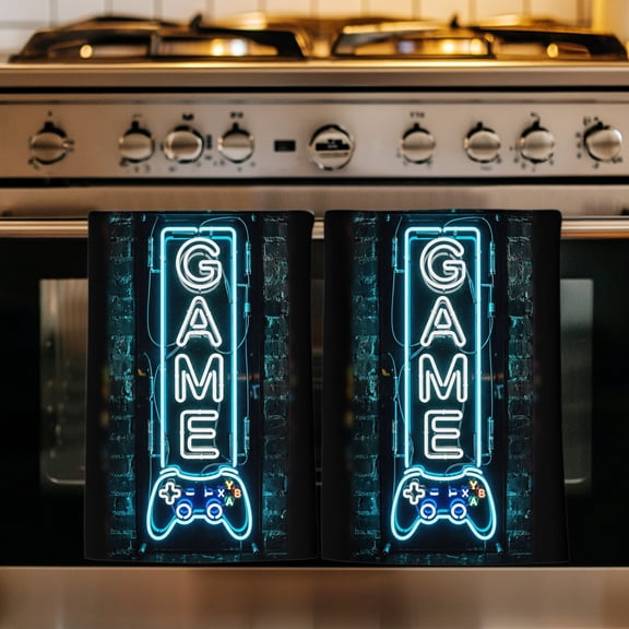 Modern Game Neon Kitchen Towels Set of 2, Game Zone Geometric Rustic Brick Absorbent Dish Towels for Kitchen, Microfiber Hand Towel, Quick Drying Tea Towel for Cleaning Decorative Dishcloths