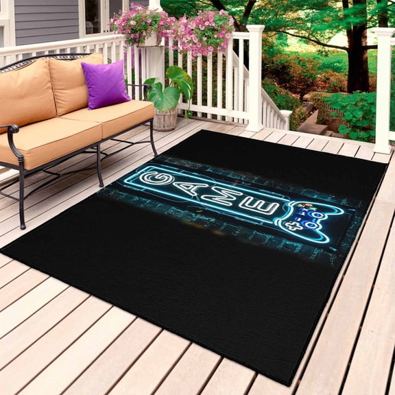 Modern Game Neon Outdoor Rug for Patio/Deck/Porch, Non-Slip Large Area Rug 5 x 8 Ft, Game Zone Geometric Rustic Brick Indoor Outdoor Rugs Washable Area Rugs, Reversible Camping Rug Carpet Runner