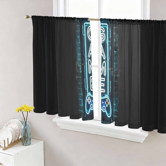 Modern Game Neon Sheer Curtains 45 Inch Length 2 Panels Set, Game Zone Geometric Rustic Brick Voile Window Treatment Rod Pocket Small Kitchen Curtains Drapes for Bedroom 52"x45"x2