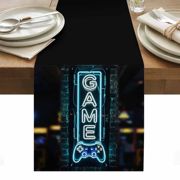 Modern Game Neon Table Runner Game Zone Geometric Rustic Brick Tablerunners 13 x 48 Inch, Table Decorations Tabletop Scarf for Summer Gathering Holiday Farmhouse Kitchen Dining Decor