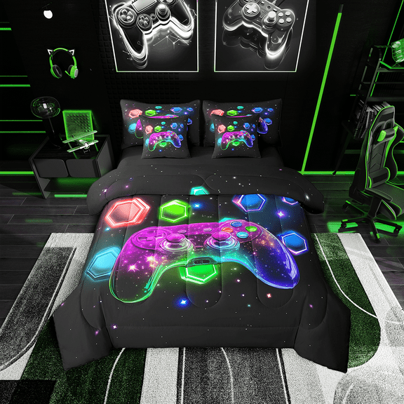 Erosebridal Modern Gamer 7Pcs Boys Twin Bed Comforter Sets,3D Gaming Play Station Bedding,Gamepad Game Controller Bed In A Bag,Purple Gradient Game Sheet Set Colorful Hexagonal Home Room Decor