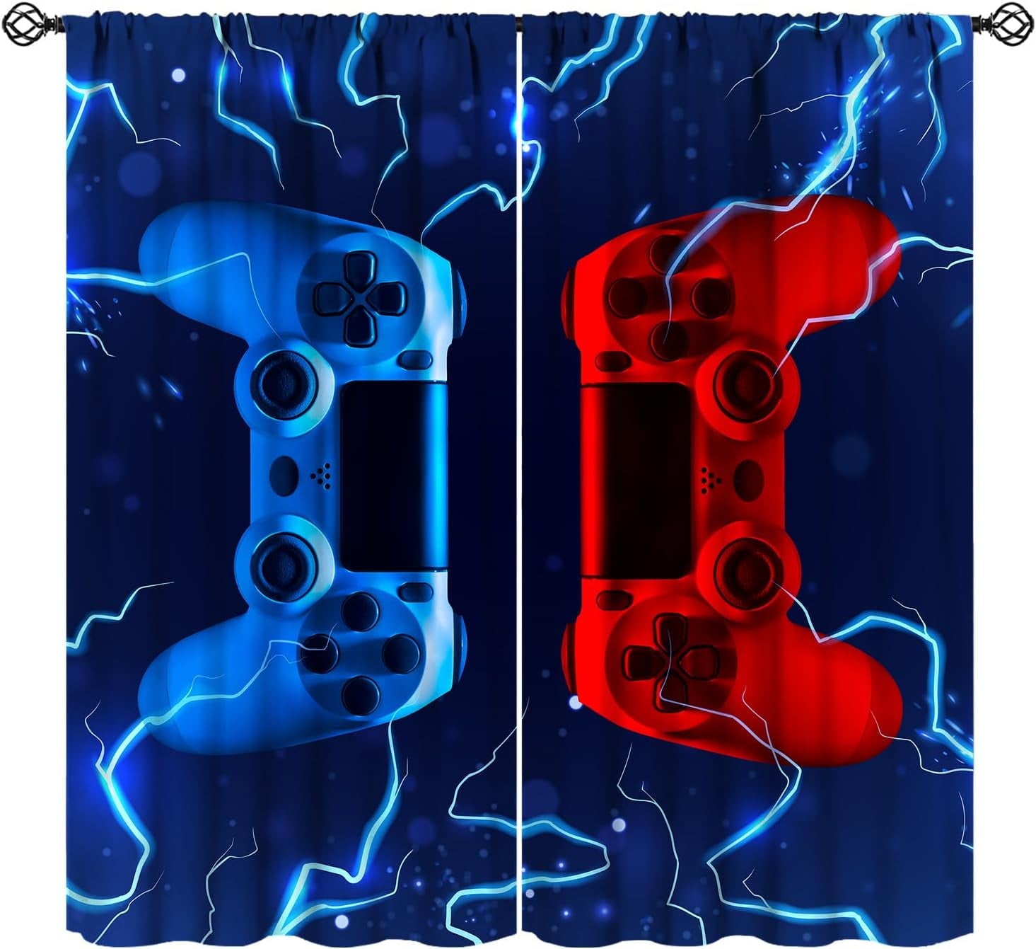Modern Gamer Curtains, Video Games Window Curtains for Boys Bedroom 3D Red Blue Gamepad with Lightning Window Treatments for Kids Gamer Room Living Room, （W21xL63 Inch） x2 Panels