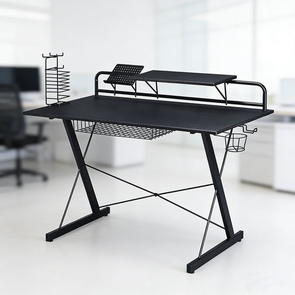 Modern Gamer Desk  Small Gaming Table Desk with Built-In Monitor Riser & Storage Accessories for PC Gamers