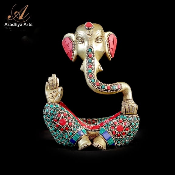 Aradhya Arts Brass Ganesh Statue , Handmade Decorated Ganesh Idol , 5.91 inch/15 CM Height for Home Décor, Temple, Office and Gifts