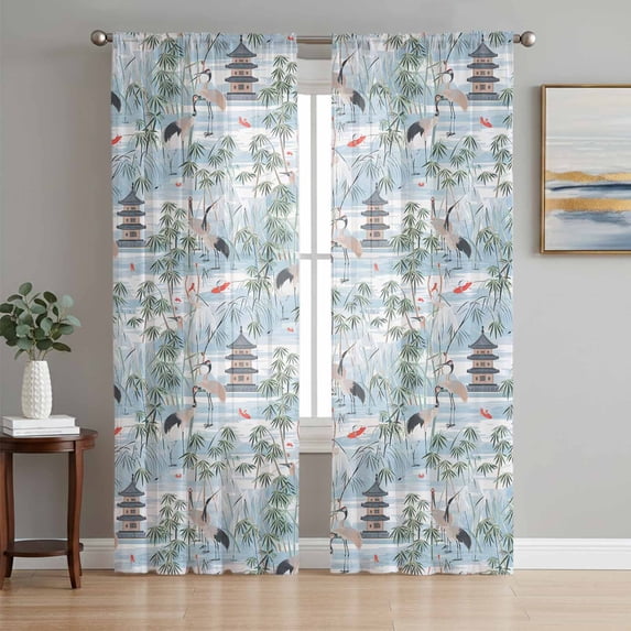 Modern Garden Sheer Curtains 96 Inch Length 2 Panels Set, Vintage Building Leaves Bird Landscape Voile Window Treatment Semi Sheer Long Curtains Drapes for Bedroom/Living Room/Kitchen 52"x96"x2