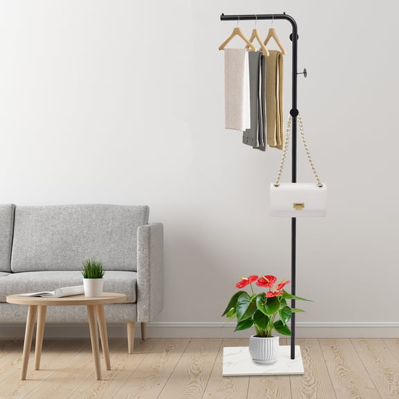 Modern Garment Rack 66.93in Height, High-Temp Baking Paint Finish,3 Hooks+Top Shelf+Shoe Base for Hallway Office