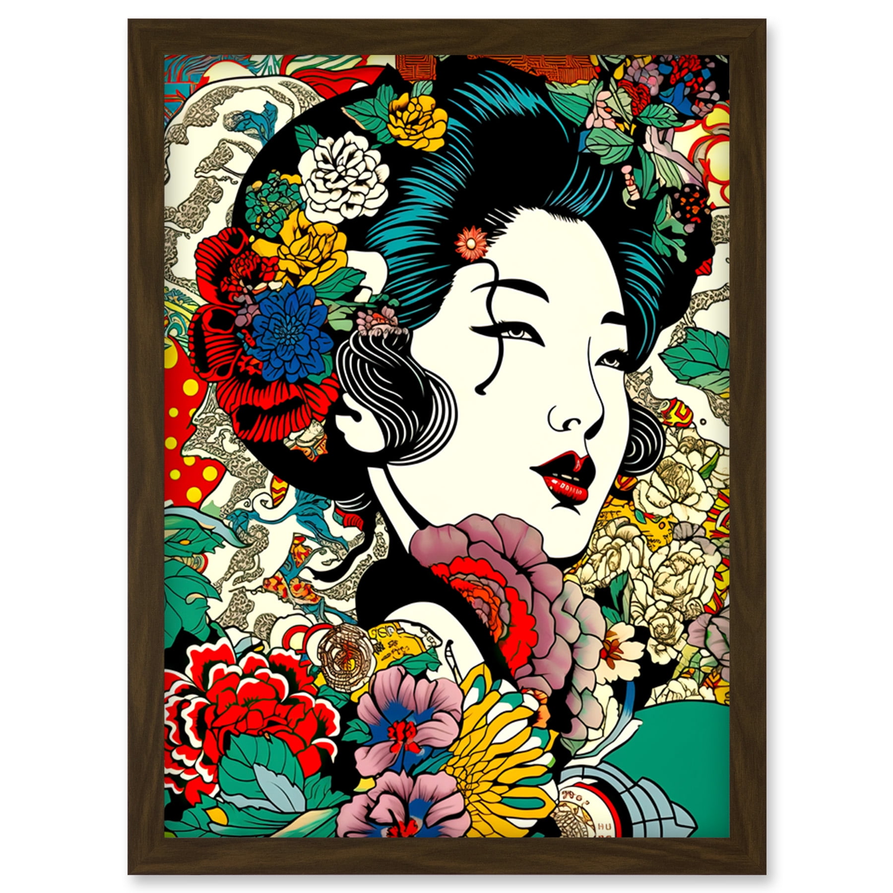 Modern Geisha Portrait Flower Patterns Bright Floral Japan