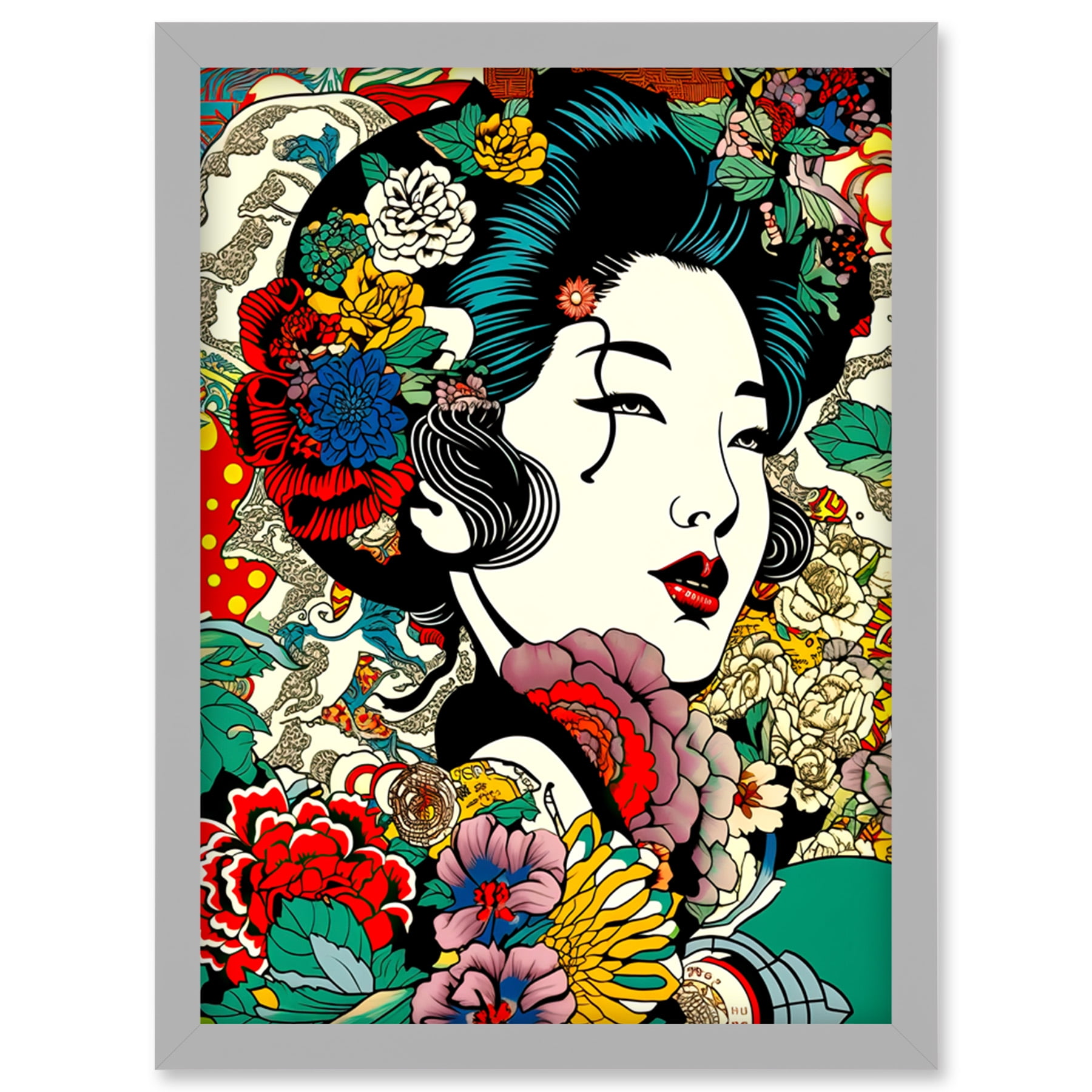 Modern Geisha Portrait Flower Patterns Bright Floral Japan