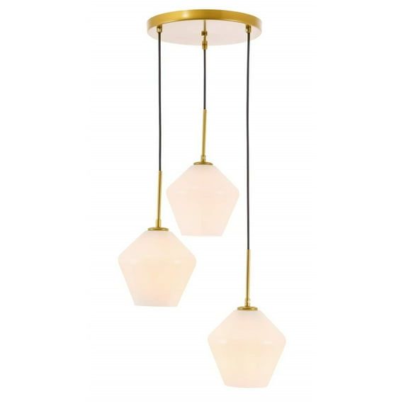 Modern Gene 3 Light Brass and Frosted White Glass Pendant, 18.1"Lx18.1"Wx8.6"H