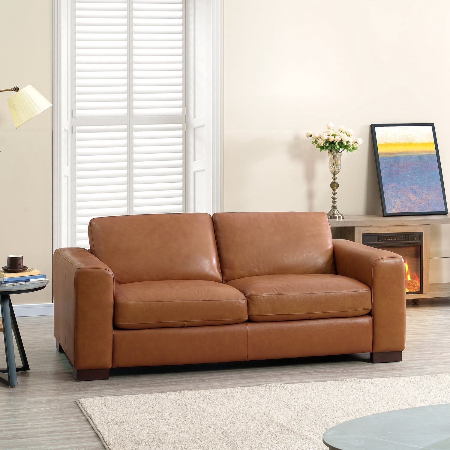 Modern Genuine Leather Loveseat Sofa for Living Room, Oversized Leather Sofa, Upholstered 2-Seater Loveseat for Small Spaces, Bedroom, Living Room, Apartment, Dorm, Tan