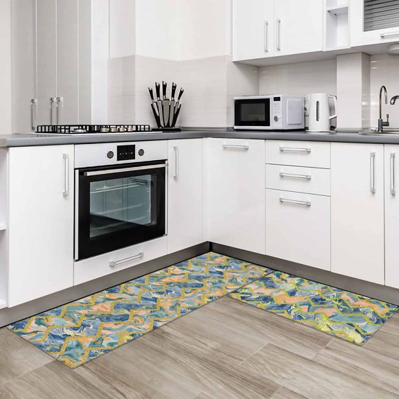 Modern Geometric 2 Pieces Non-Slip Kitchen Mat Set Abstract Art Aesthetics Marble Soft Door Mat with Rubber Backing,Dirtproof Rugs for Entrance Doorway 23.6x35.4in+23.6x70.9in