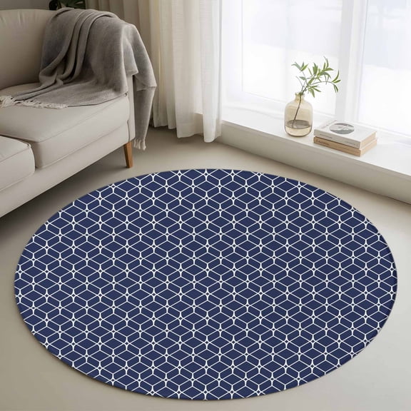 Modern Geometric 3FT Round Area Rugs Blue Color Blocks Abstract Cube Simple Soft Small Round Rug Non-Slip, Ultra-Thin Indoor Circle Carpet for Bedroom Entryway Kitchen Bathroom
