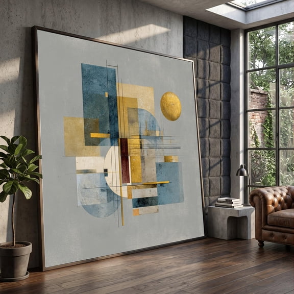 Modern Geometric Abstract Art Blue And Gold Shapes Wall Art Contemporary Home Decoration Minimalist Art Design Ready To Hang, Unframed Paper Print