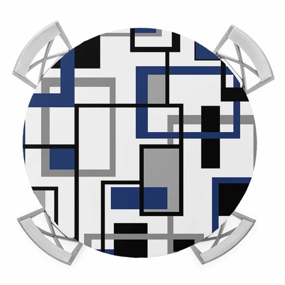 Modern Geometric Abstract Elastic Fitted Round Table Cover Mid Century Blue Waterproof Outdoor Tablecloth for Holiday Party, Picnic, Patio & Dining Fits Tables Up to 55"-60"