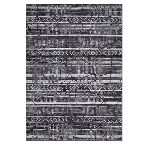 Modern Geometric Accent Area Rug, Non-Slip Marble Indoor Mat Washable Soft Low Pile Floor Cover for Living Room Bedroom Dining Room, Black Gary
，