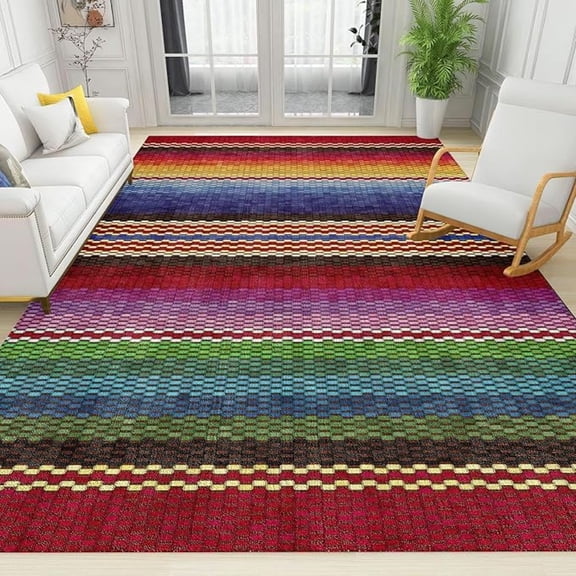 Modern Geometric Area Rug, Multicolor Stripe Non Slip Throw Accent Rug, Easy Care Durable Carpet For Indoor Living Room Bedroom Office Decor Mat 5x6ft