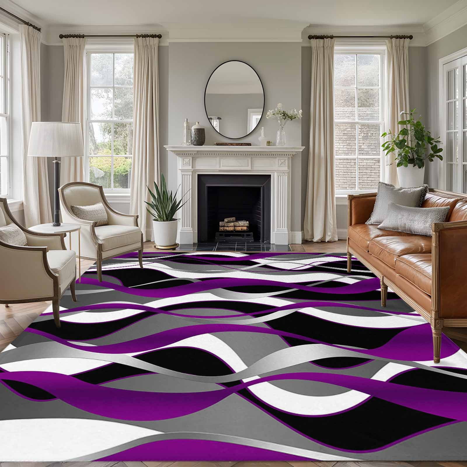 Modern Geometric Area Rugs 6'x9', Washable Small Throw Rugs for Kitchen Dining room, Abstract Minimalist Lines Purple Black Indoor Outdoor Rug Non-Slip Low Pile Carpet Runner Reversible Floor Mats