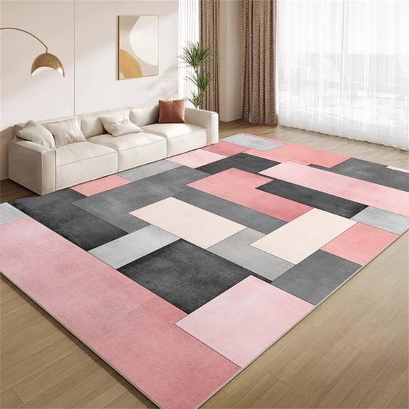 Modern Geometric Area Rugs, Pink Gray Patchwork Carpet, Washable Non Slip Low Pile Soft Rug for Living Room Bedroom Study Decor Mat 3ftx5ft