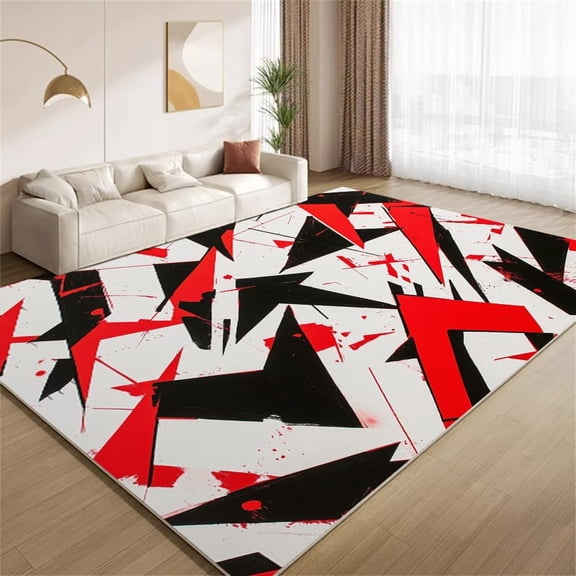 Modern Geometric Area Rugs, Red Black Abstract Carpet, Washable Non Slip Low Pile Soft Rug for Living Room Bedroom Decor Mat 3ftx5ft