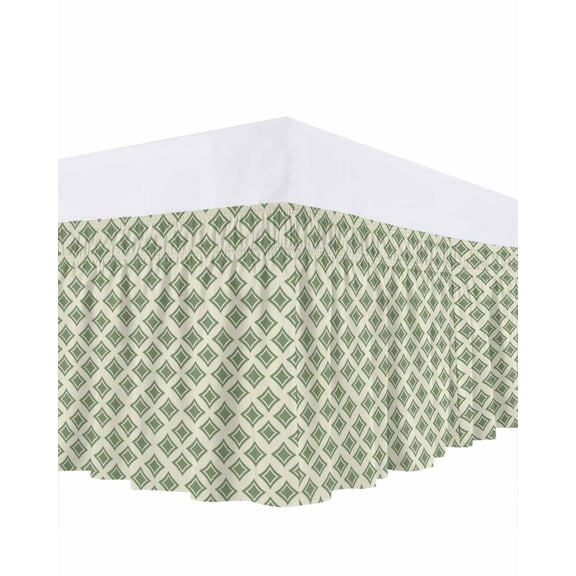 Modern Geometric Bed Skirt King Size 16" Drop Abstract Geometric Retro Green Geometric Texture Ruffled Wrap Around Bed Skirts Adjustable Elastic Bedskirt Dust Ruffle for King Size Bed