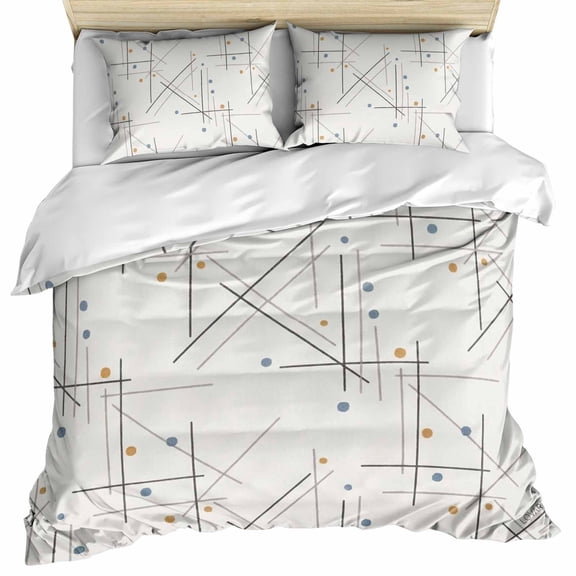 Modern Geometric Bedding 3 Piece Duvet Cover Set Queen Size, Minimalist Lines Polka Dots Abstract Beige Microfiber Comforter Cover with Zipper Closure & Pillowcases, FadeResistant Quilt Cover