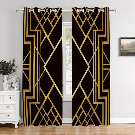 Modern Geometric Bedroom Curtains, Black And Golden Art Deco Geometric Blackout Curtain Polyester Grommet Window Treatment Drapes For Living Room 26"W x 63"L (Pack of 2)