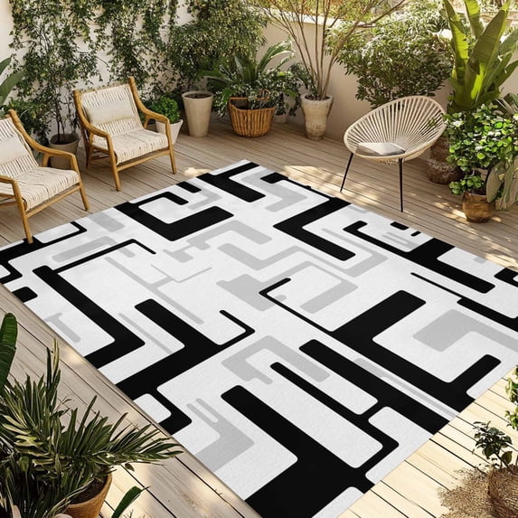 Modern Geometric Black Outdoor Rug for Patio/Deck/Porch, Non-Slip Large Area Rug 5 x 8 Ft, Abstract Minimalist Artwork Lines Indoor Outdoor Rugs Washable Area Rugs, Camping Rug Carpet Runner
