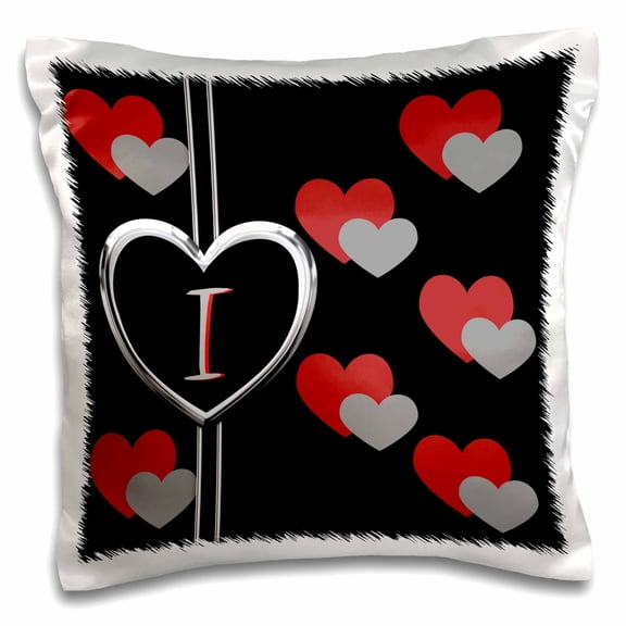 3dRose, Modern Geometric Black Red Grey Hearts Pattern Monogram Letter I, 16x16 inch Pillow Case