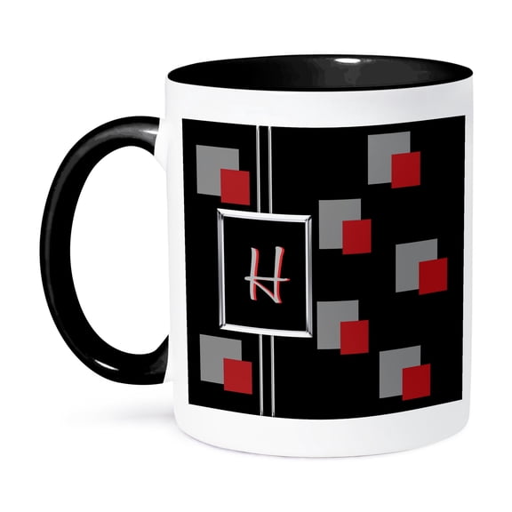 3dRose, Modern Geometric Black Red Grey Square Pattern Monogram Letter H, 11oz Two-Tone Black Mug