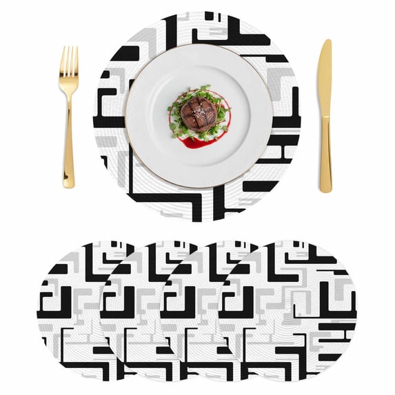 Modern Geometric Black Round 13 Inch Placemats Set of 4, Abstract Minimalist Artwork Lines HeatResistant Non Slip Place Mats for Dining Table, Wipeable Braided Kitchen Table Mats for Housewarming