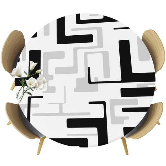 Modern Geometric Black Round Tablecloth 55-60 Inch Round Fitted Table Cloth with Elastic Edge, Abstract Minimalist Artwork Lines Waterproof Table Cover Protector for Outdoor Picnic Party Dining