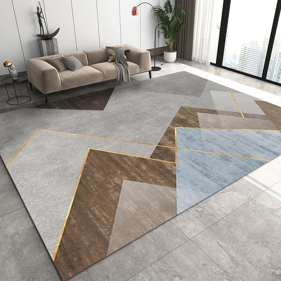 Modern Geometric Blue Pattern Area Rugs, Gray Brown Background Gold Lines Living Room Rug, Anti-Skid Rectangle Accent Carpet For Kids Bedroom Office Kitchen Farmhouse