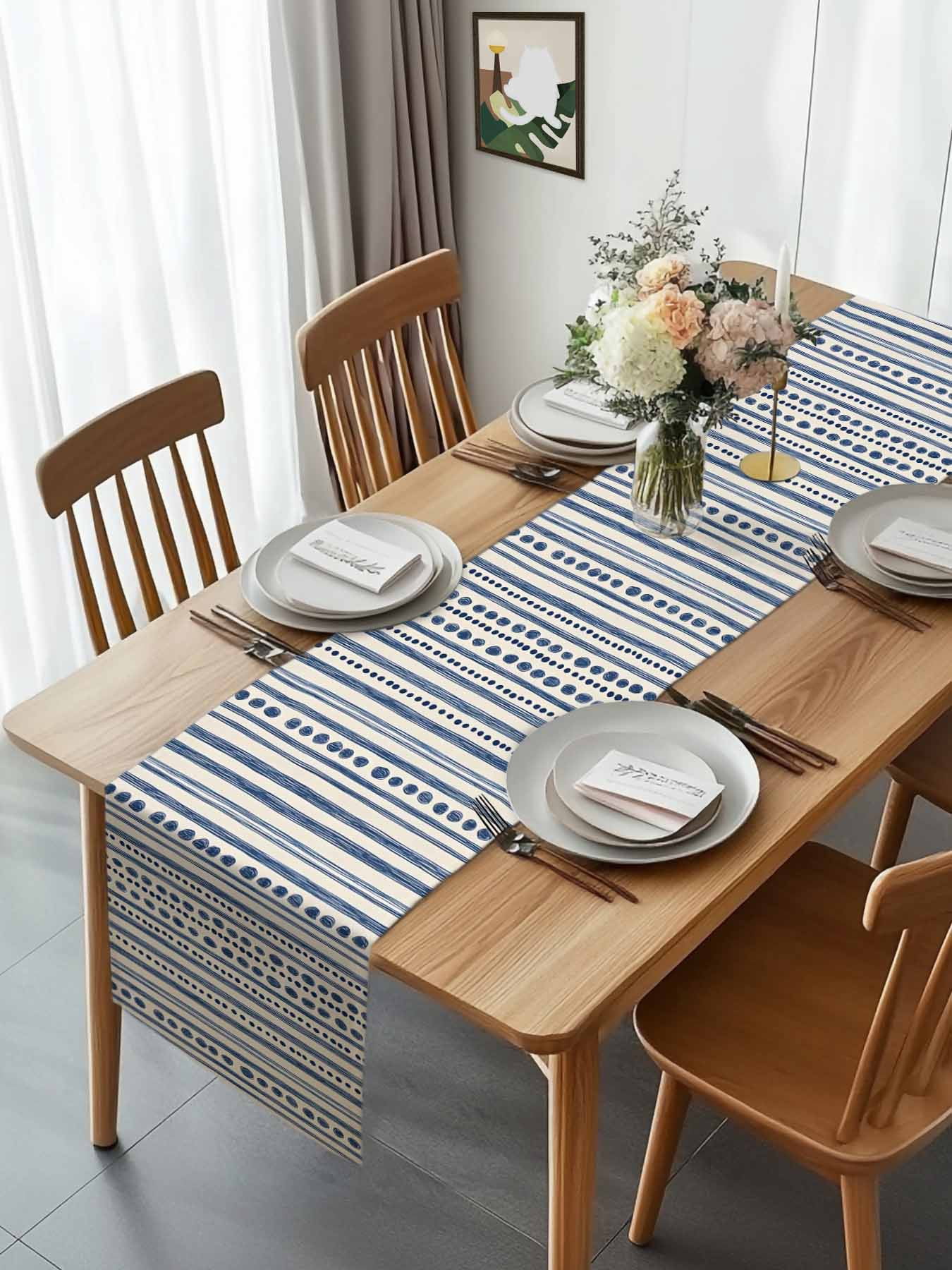 Modern Geometric Blue Stripe Dot Table Runner 90 Inches Long, Abstract Line Graffiti Beige Table Runners Tabletop Scarf Kitchen Dining Tables Decoration for Home Party Indoor Outdoor