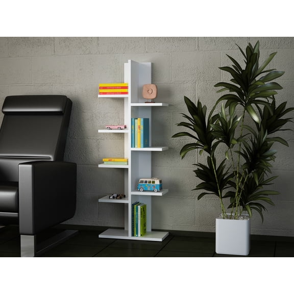 Modern Geometric Bookcase with 9 Shelves, White Finish Bookshelf