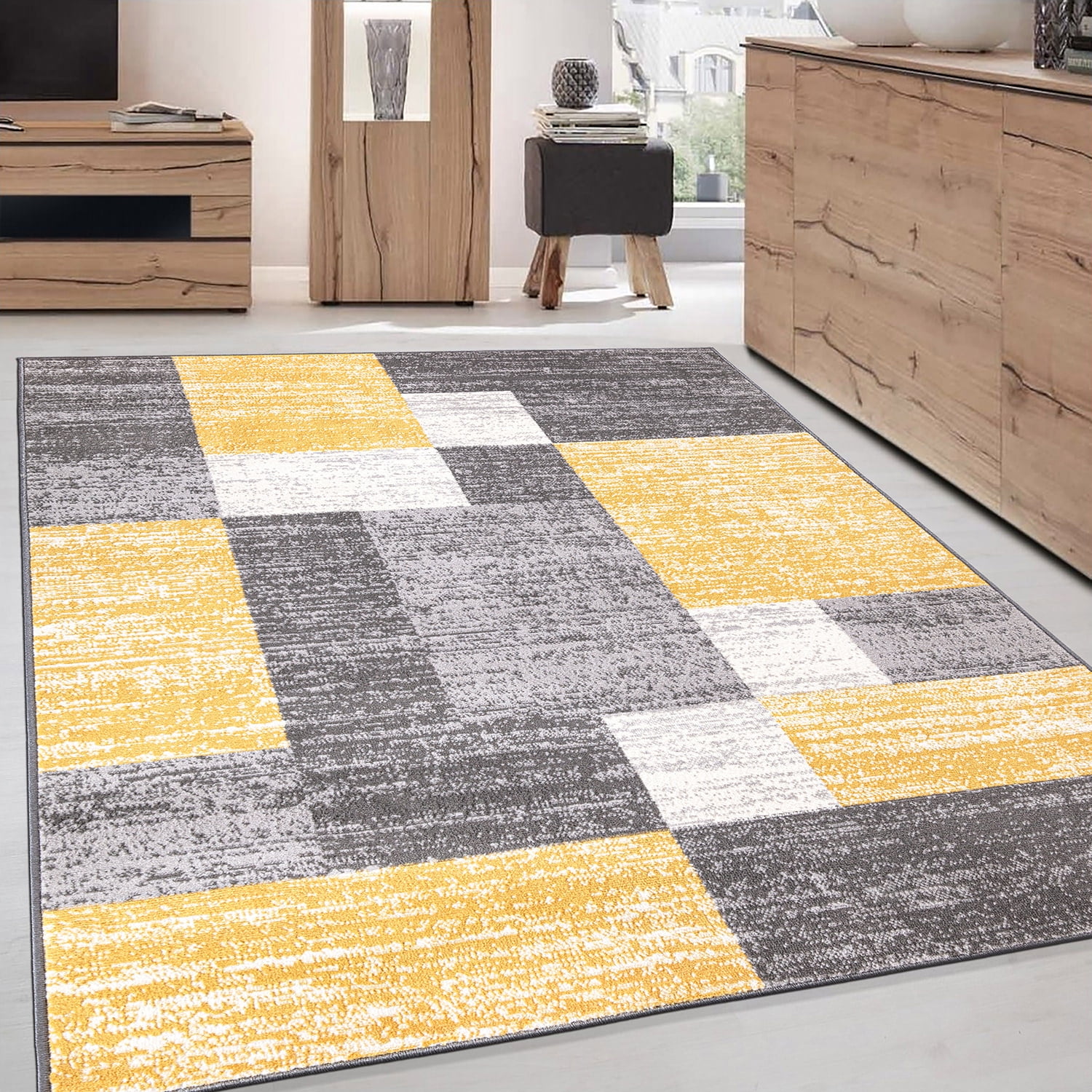 Yellow and Gray Geometric Rectangular 5' x 7' Area Rug