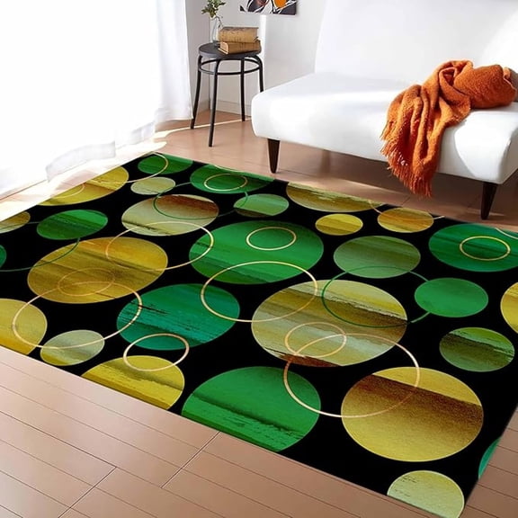 Modern Geometric Carpet, Abstract Yellow Green Circle Pattern Art Non-Slip Floor Mat, Soft Washable Indoor Large Area Rug For Living Room Bedroom Kitchen Hallway Dining Room 1x2ft