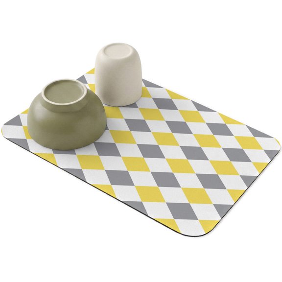 Modern Geometric Check Dish Drying Mat,Absorbent Diatomaceous Earth Mats Yellow Gray White Diamond Coffee Mat Dishes Drainer Pad for Kitchen Counter Rack Sink Utensils,12x16in