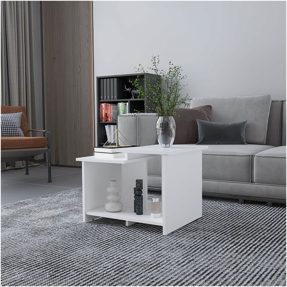 Modern Geometric Coffee Table with Open Shelves, White Melamine Finish