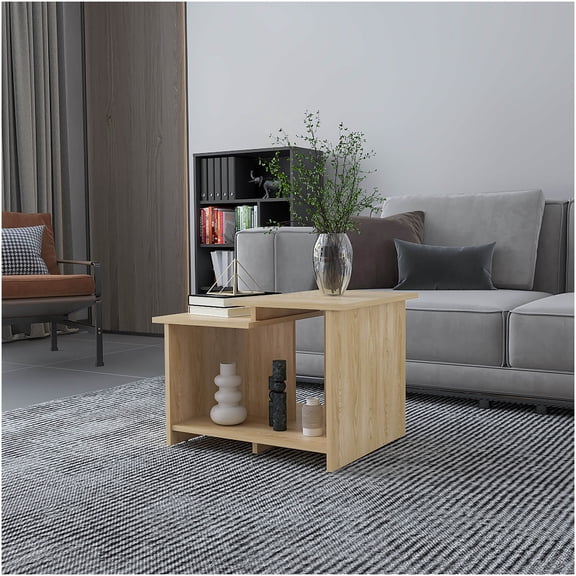 Modern Geometric Coffee Table with Open Storage Shelf, Natural Oak Finish, Scratch-Resistant Melamine Surface for Living Room