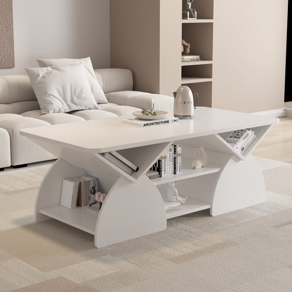 Modern Geometric Coffee Table with Open Storage Shelves and Rounded Corners – 47.24" x 23.62" Engineered Wood