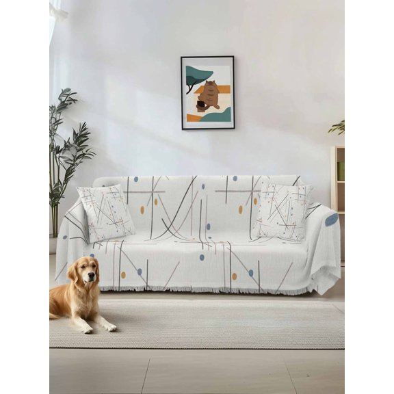 Modern Geometric Couch Cover for Dogs, Minimalist Lines Polka Dots Abstract Beige Washable Sofa Covers Slipcover for Pets Dogs Futon Cover, Couch Recliner Covers, Oversized Chair Slipcover 71"x91"